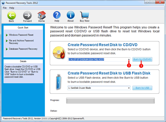 Windows password reset cd burning screenshot