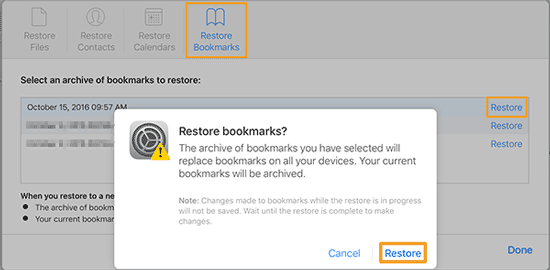 restore iCloud bookmards