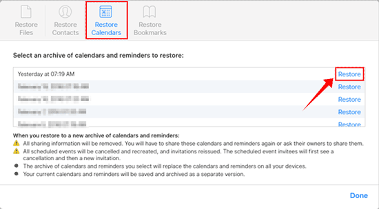restore iCloud calendars