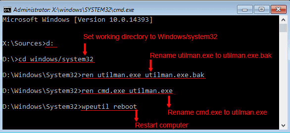 rename cmd.exe to utilman.exe