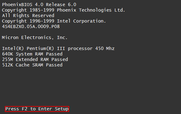 BIOS Entry key screenshot